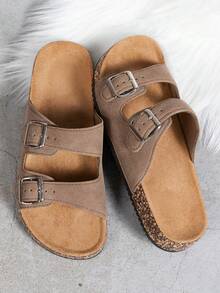 Sandalias de moda para hombre con suela de corcho y plantilla cómoda, correa con hebilla ajustable, estilo deslizante holgado, adecuadas para verano, playa, caminatas al aire libre, pantuflas unisex - Marrón claro - Ver 6
