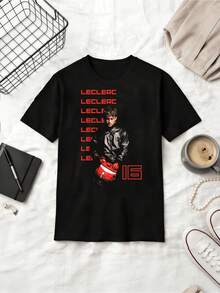 F1 Driver Charles  # 16 Minimalist Text Style Cotton T-Shirt - Black - View 1