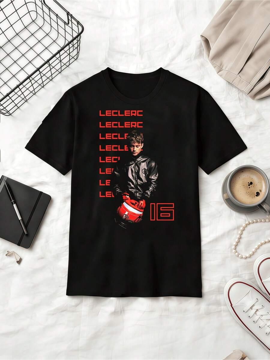 F1 Driver Charles  # 16 Minimalist Text Style Cotton T-Shirt - Black - View 1