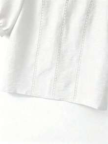 2026 Nueva camisa de verano para mujer, camisa casual de color naranja con parches, ribete de encaje teñido, mangas abullonadas, corte holgado, cuello redondo, manga corta, camisa de mujer con parches de encaje teñido, camisa naranja de muj - Blanco - Ver 4