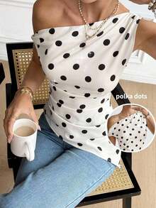 Camiseta de mujer casual con estampado de lunares asimétrica en los hombros, para verano - Multicolor - Ver 1