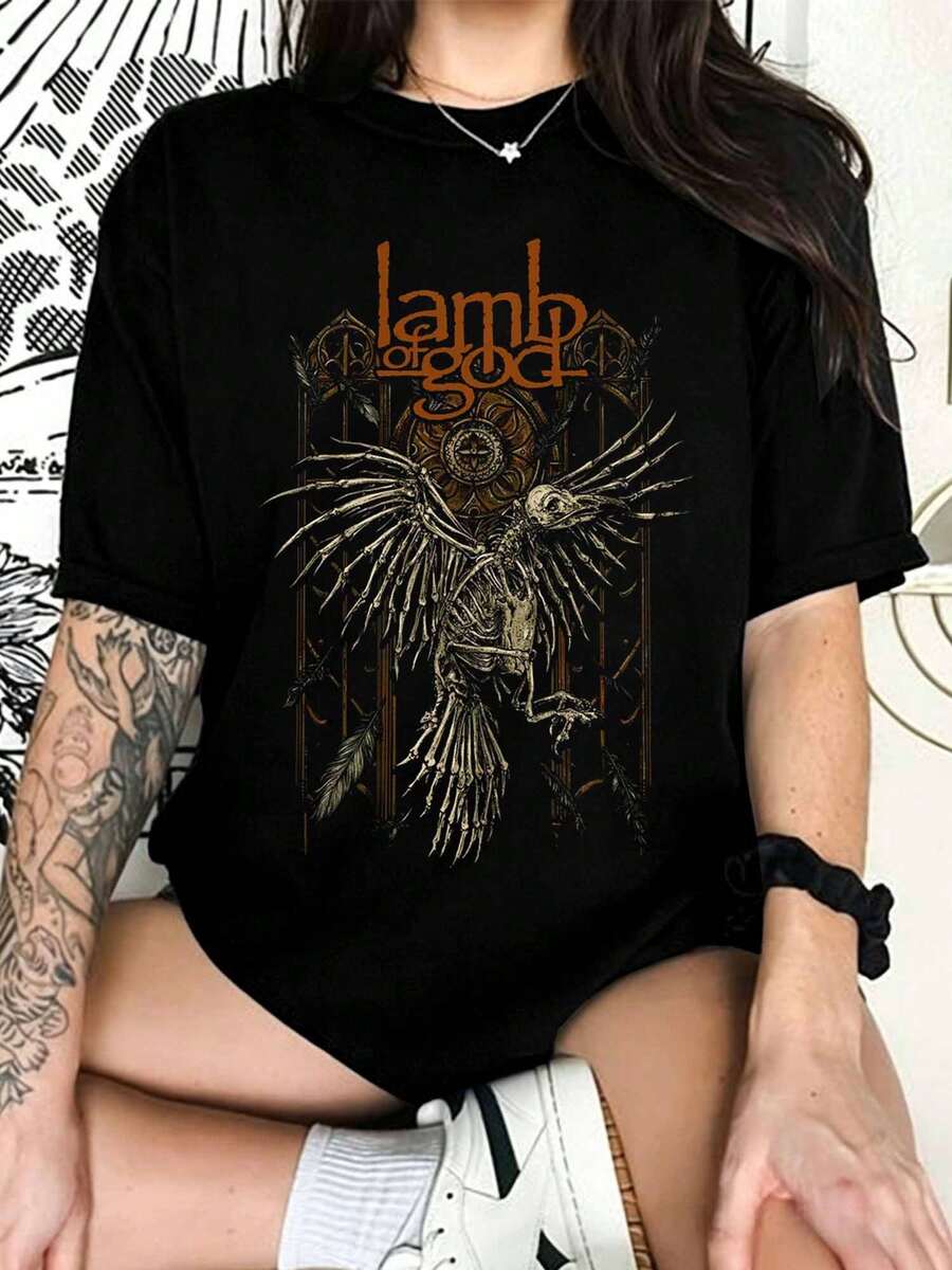 Lamb Of God Skeleton Bird Graphic T-Shirt, Death Metal Band Tee, Streetwear For Fans - Black - View 1