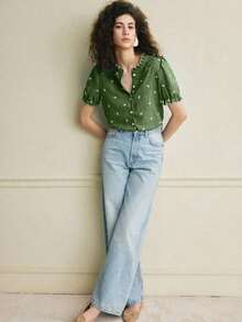 Camisa azul de mujer con cuello con volantes, mangas de pétalos y textura de tela suave, estilo francés casual de vacaciones, primavera/verano - Verde - Ver 3