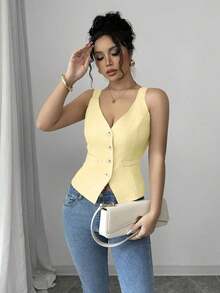 Camiseta sin mangas de un solo pecho de unicolor casual para mujer - Amarillo - Ver 5