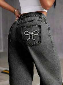Jeans cómodos de pierna ancha con cintura elástica, lazo y bordado, estilo de moda callejera para adolescentes - Gris Oscuro - Ver 4