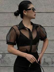 Blusa transparente de malla y gasa de manga corta minimalista para mujer, de estilo casual de negocios - Negro 2 - Ver 6