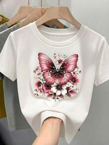 Camiseta de manga corta para mujer con estampado de mariposas y flores, largo regular, tejido ligeramente elástico, bonita e informal. - Blanco - Ver 6