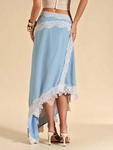 Falda de gasa con dobladillo asimétrico y ribete de encaje en color azul bebé, adecuada para vacaciones, playa, fiesta, brunch, atuendo de invitada de boda, primavera/verano - Celeste - Ver 2