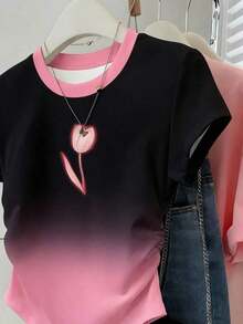 Camiseta ajustada de manga con volantes en degradado con estampado de corazón de fresa y letras, para uso casual, vacaciones y viajes, verano - Multicolor 5 - Ver 4