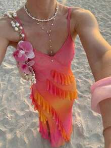 Vestido largo con abertura alta, cuello en V y volantes, con estampado de teñido anudado, vestidos de verano para mujer, vestidos en tonos pastel, vestido de fiesta, atuendo de fiesta, vestido de playa, atuendos de playa para mujer, vestidos ele - Multicolor - Ver 2