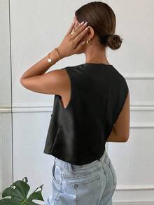 Chaqueta ajustada sin mangas de cuello redondo de unicolor para mujer, primavera/verano - Negro - Ver 2