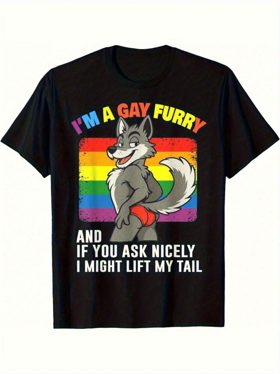 Men Fun LGBTQ Pride T-Shirt I'm Gay If You Ask Right The Tail Will Lift Up Humanized Fox Pattern Black Casual T-Shirt With Rainbow Text Machine Washable Slight Stretch Fabric Crew Neck Regular Fit - 黑色 - 查看 1