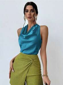 1 pieza Blusa de mujer con cuello de lazo en color albaricoque, minimalista y elegante, top sin mangas - Agua verde azul - Ver 6