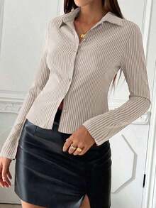 Camisa elegante de manga larga con rayas azules y blancas de corte slim para uso diario, estilo francés para mujeres - Albaricoque - Ver 4