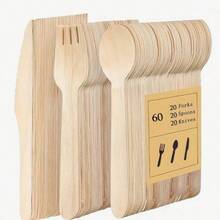 3/12/25/50/100pcs/Set Disposable Wooden Cutlery Set, Includes Knife, Fork And Spoon, Suitable For Christmas, Thanksgiving, Birthday, Wedding And Home Decor, Also Applicable For Home Kitchen, Restaurant, Hotel, Kitchen Supplies And Tableware. - Multicolor - View 1