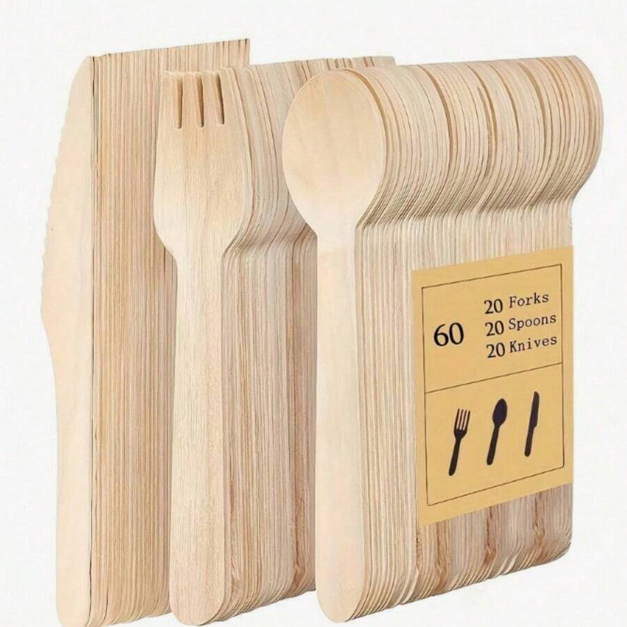 3/12/25/50/100pcs/Set Disposable Wooden Cutlery Set, Includes Knife, Fork And Spoon, Suitable For Christmas, Thanksgiving, Birthday, Wedding And Home Decor, Also Applicable For Home Kitchen, Restaurant, Hotel, Kitchen Supplies And Tableware. - Multicolor - View 1