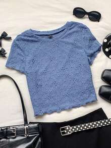 Camiseta de manga corta de cuello redondo con tejido jacquard básico de color crema, para verano - Niebla azul - Ver 6