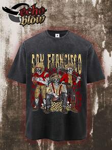 Men's T-Shirts With Letter Print, Modern And High-Quality, Casual Summer Style, Urban Look, Short Sleeves, Crew Neck, With A Distressed Batik Effect And Wash, Single-Sided Print Design Featuring A Football Theme And San Francisco Skeletons. AGWJ - 黑色 - 查看 1