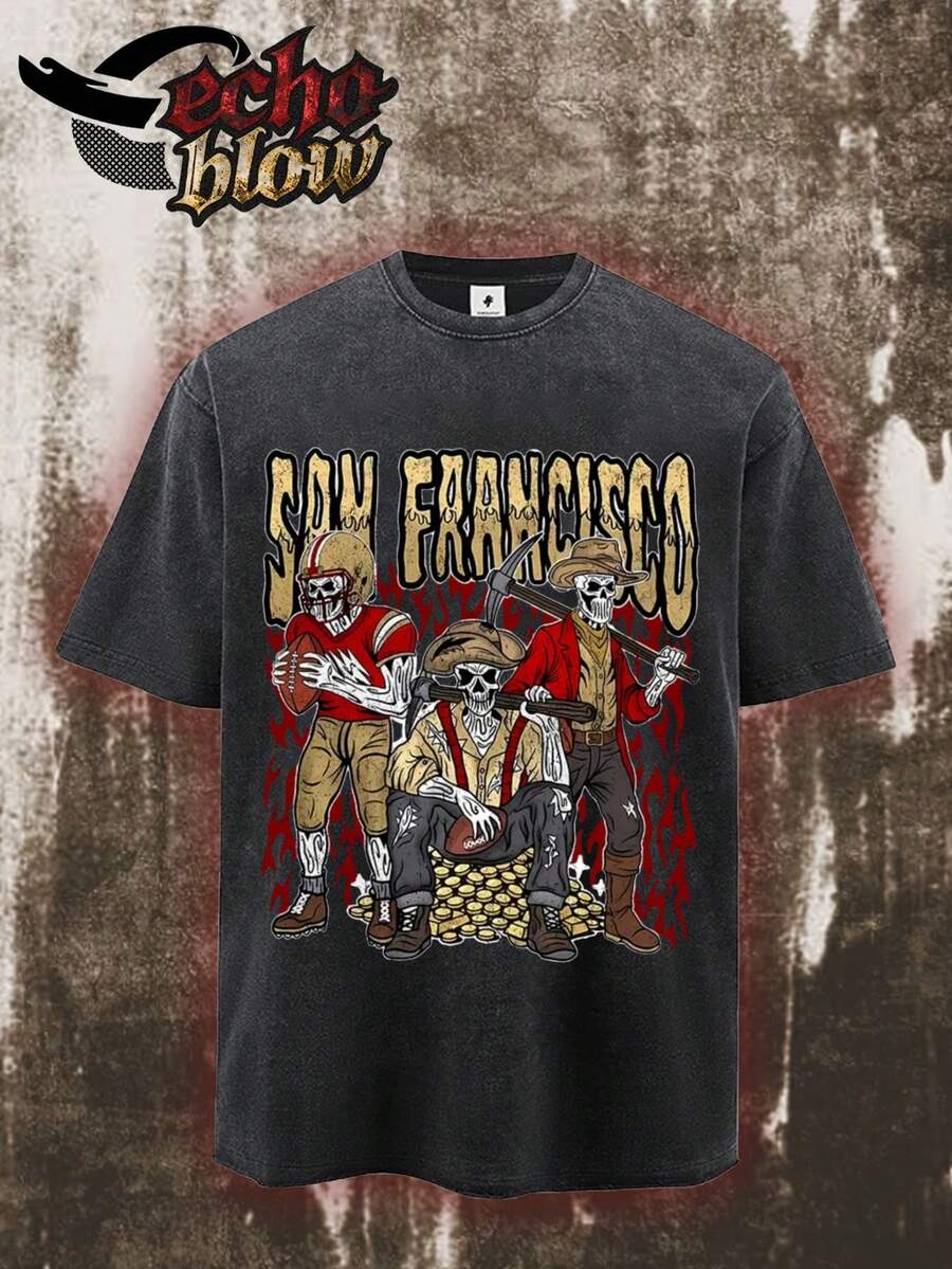 Men's T-Shirts With Letter Print, Modern And High-Quality, Casual Summer Style, Urban Look, Short Sleeves, Crew Neck, With A Distressed Batik Effect And Wash, Single-Sided Print Design Featuring A Football Theme And San Francisco Skeletons. AGWJ - 黑色 - 查看 1