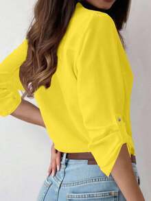 Camisa de mujer de manga larga de unicolor casual con puño - Amarillo - Ver 2