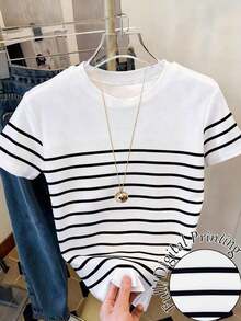Camiseta de mujer de manga corta con cuello redondo y rayas, casual de verano - Multicolor 3 - Ver 1