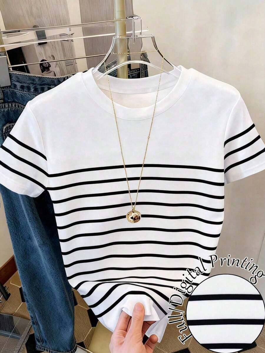 Camiseta de mujer de manga corta con cuello redondo y rayas, casual de verano - Multicolor 3 - Ver 1