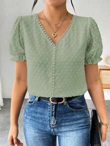 Blusa de gasa con estampado de lunares francés de moda para mujer, diseño elegante y elegante de manga corta con volantes para el verano - Verde - Ver 5