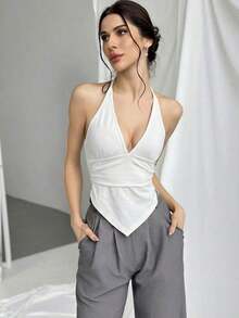 Top corto con escote en V profundo, cuello de halter, tirantes con lazo y espalda descubierta para mujer - Blanco - Ver 6