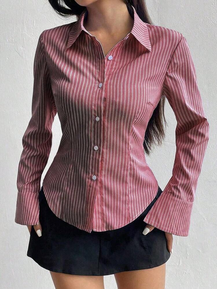 Camisa de manga larga casual a rayas que ciñe la cintura, apta para primavera/verano/otoño, tops de manga larga - Rojo - Añade 7
