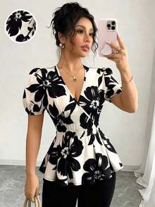 Blusa elegante y de moda con estampado floral y cuello en V con cintura ceñida para mujer - Multicolor - Ver 3