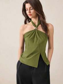 Top con cuello de halter, diseño de botón de metal verde, abertura lateral, elegante y chic para uso urbano y diario, estilo romántico retro de los 90.Adecuado para Navidad, Año Nuevo, San Valentín, fiestas, playa, graduación, moda, carnaval, bod - Verde 2 - Ver 1