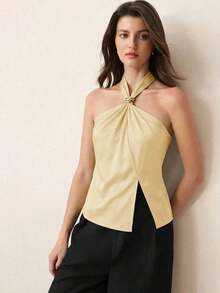 Top con cuello de halter, diseño de botón de metal verde, abertura lateral, elegante y chic para uso urbano y diario, estilo romántico retro de los 90.Adecuado para Navidad, Año Nuevo, San Valentín, fiestas, playa, graduación, moda, carnaval, bod - Amarillo 2 - Ver 7