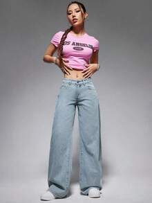 ICON Solid Color Wide Leg Pocket Jeans, Casual And Versatile - Light Wash 3 - View 3