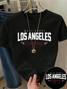 Camiseta de manga corta con cuello redondo y estampado gráfico de Los Ángeles, California, para mujer, estilo casual y urbano. BJDB - Negro - Ver 2