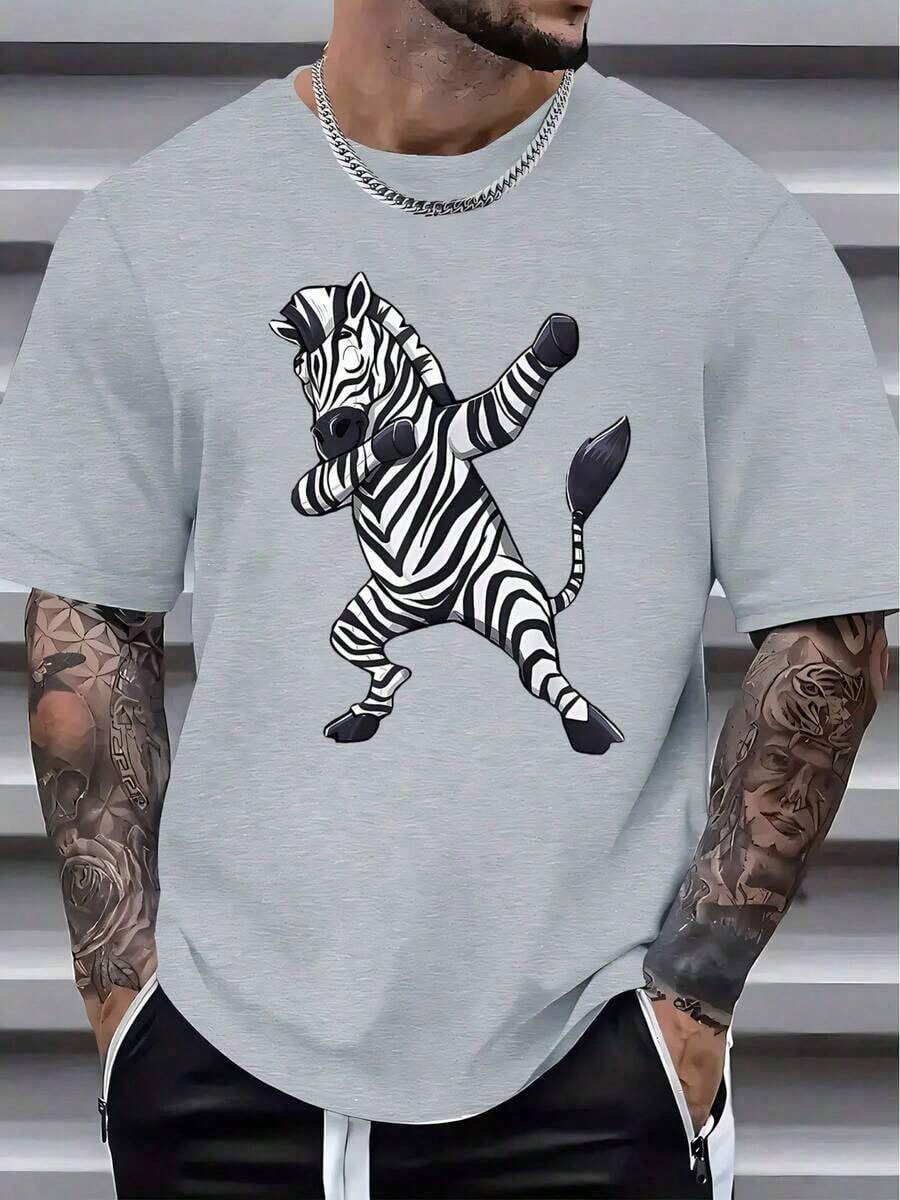 Camiseta Casual de Manga Corta para Hombre con Estampado Gráfico de Cebra Bailando - Camiseta Transpirable de Verano, Corte Regular, Cuello Redondo, Lavable a Máquina para Atuendo Casual - Gris Claro - Ver 1