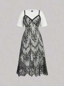 MOD Vestido largo camisero de 2 en 1 con bloque de color y encaje, tallas grandes para mujer - Blanco y Negro - Ver 2