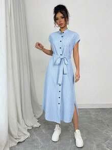 Vestido largo de manga corta para verano 2025, nuevo, con bolsillo, abertura lateral, cinturón y lazo, estampado de leopardo, para uso casual y de viaje - Azul 2 - Ver 3