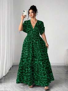 Elenzya Vestido maxi elegante de talla grande para mujer con cuello en V, estampado de leopardo, manga corta fruncida y falda acampanada - Verde Oscuro - Ver 6