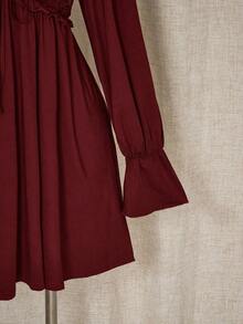 ICON Vestido mini de talla grande de unicolor casual con parches de encaje para mujer, ropa de otoño - Burdeos - Ver 10
