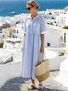 Holidaya Vestido casual de mujer con bolsillo, cuello de solapa y rayas, para verano - Azul - Ver 3
