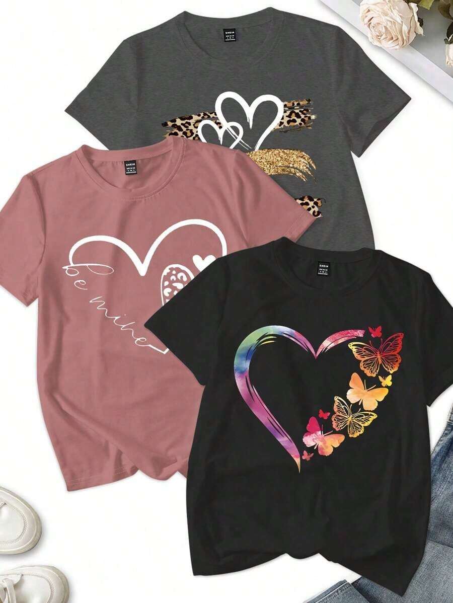 Set de 3 camisetas de mujer con estampado de leopardo y floral en forma de corazón, camisetas gráficas de verano - Multicolor 2 - Ver 1
