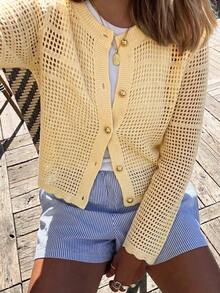 Nuevo cárdigan de punto para mujer de primavera/verano, estilo minimalista casual, cuello redondo de manga larga, diseño de botones de seta, cárdigan abierto amarillo, adecuado para uso casual diario, ir al trabajo, salir, citas de vacaciones - Amarillo Mostaza - Ver 5