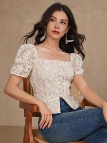 Blusa elegante de mujer de unicolor con jacquard, top tipo babydoll de verano - Beis - Ver 9