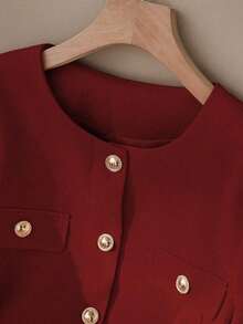 Chaqueta minimalista de mujer de unicolor con botones delanteros y mangas largas, elegante y casual, ligera para primavera y otoño, color negro - Rojo - Ver 4