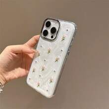 1pc Milky White Paint Silver Lens Frame 3D Tulip Design Phone Case, Compatible With Apple 17/16/15/14/13/12/11 Pro Max/Pro/Plus, Fresh And Minimalist, Anti-Fall, Anti-Shock, Anti-Slip Protective Cover - White - View 3