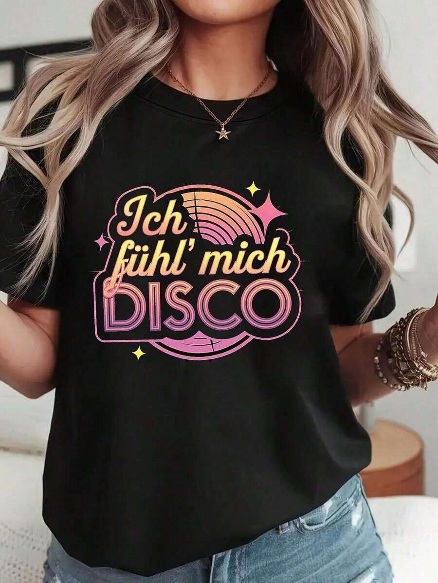 Women's Summer T-Shirt, Loose Fit. I Feel Like A Disco: Women's T-Shirt With Retro Neon Text + Gradient Rainbow + Star Print, Versatile Short-Sleeve Top, Comfortable And Breathable, Classic Crew Neck Design, Suitable For Everyday Wear, Dates Or Casual Use. - 黑色 - 查看 1