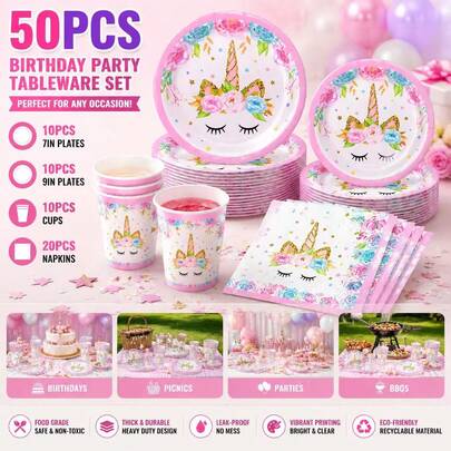 New Purple Unicorn Disposable Paper Cups, Napkins And Plates, Cute Party Tableware Set