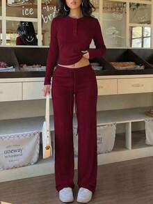 Conjunto de estilo de calle minimalista y casual de unicolor para mujer, con blusa de manga larga y pantalones para primavera - Burdeos - Ver 1