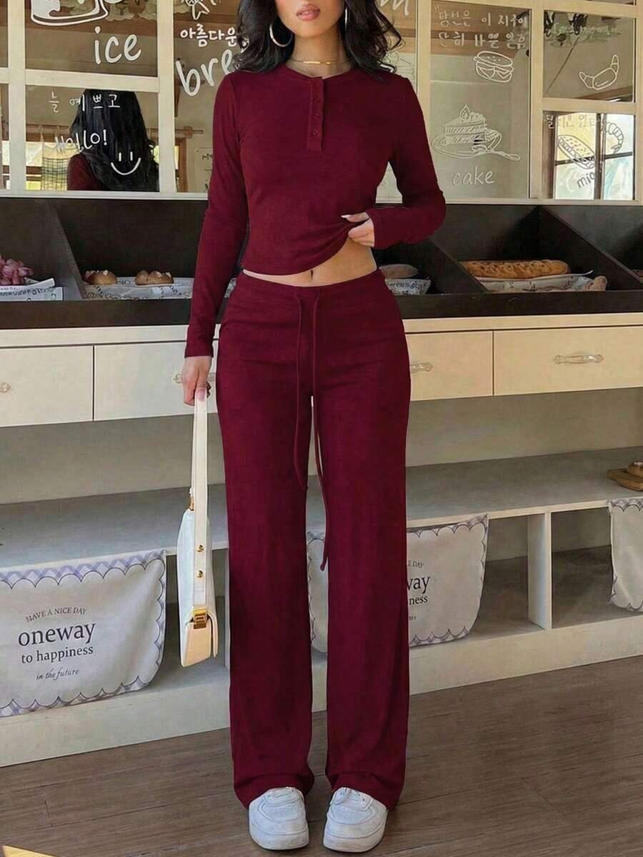 Conjunto de estilo de calle minimalista y casual de unicolor para mujer, con blusa de manga larga y pantalones para primavera - Burdeos - Ver 1