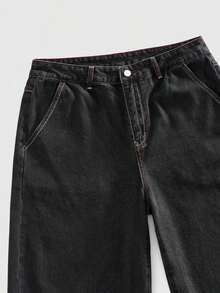 ROMWE MEN Street Life Pantalones cortos de mezclilla con doble cintura y bordado para hombres - Negro 3 - Ver 3